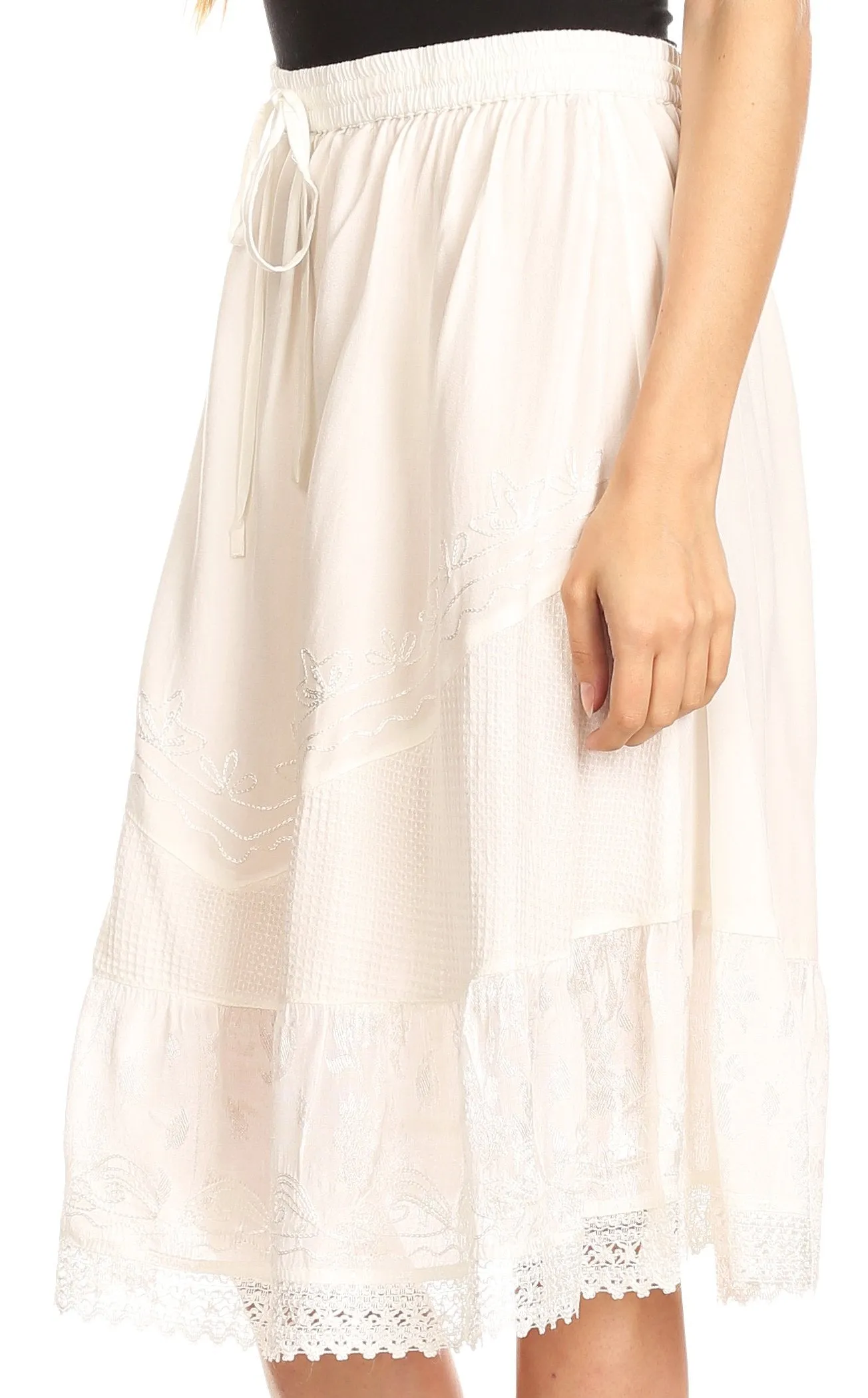 Sakkas Beyza  Casual Peasant Mid Skirt with Elastic Waist Embroidery and Eyelet