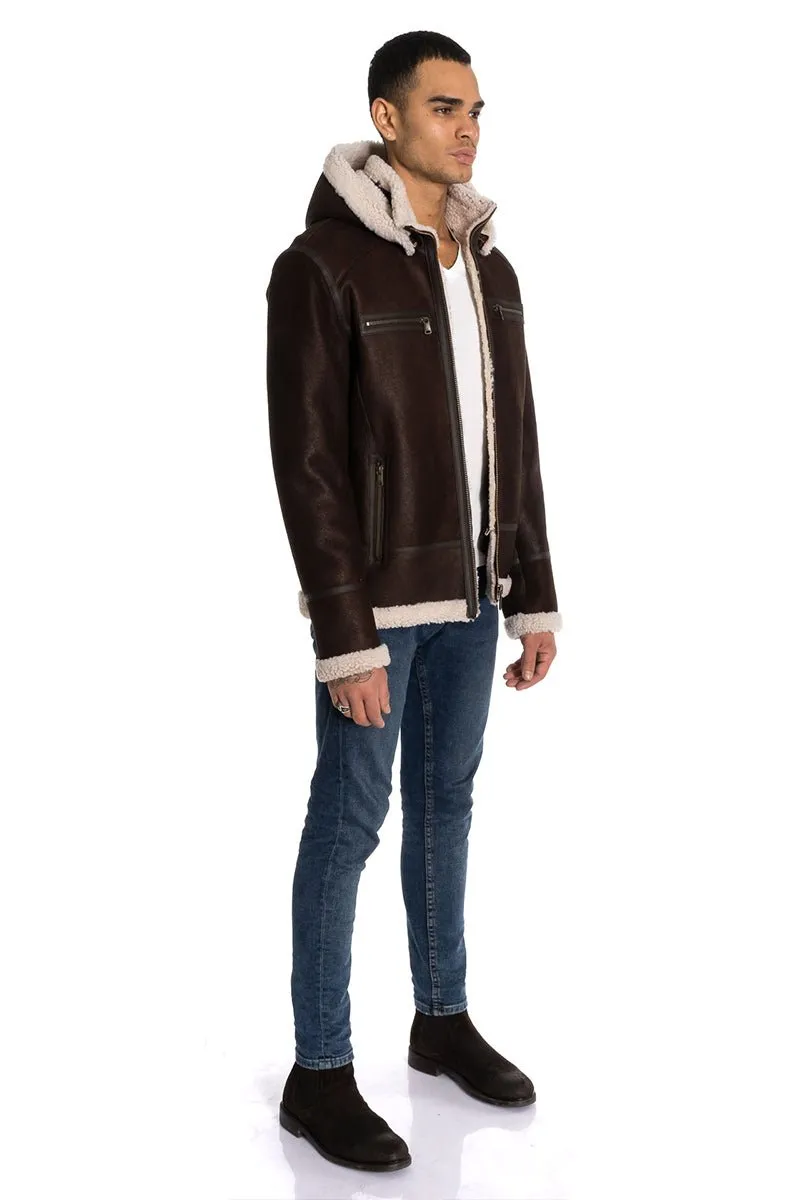 Sidney Men's Sheepskin Shearling Bomber Jacket with Detachable Hood - Brown