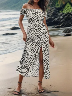 Slit Animal Print Off-Shoulder Midi Dress