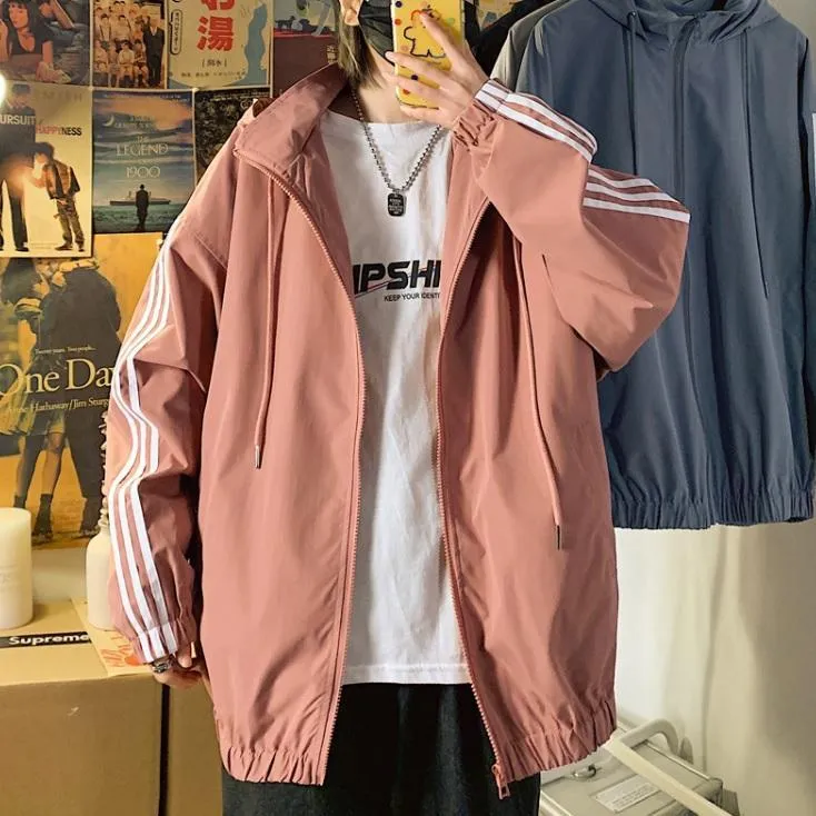 Sporty Triple Stripes Hooded Loose Windbreaker Jacket