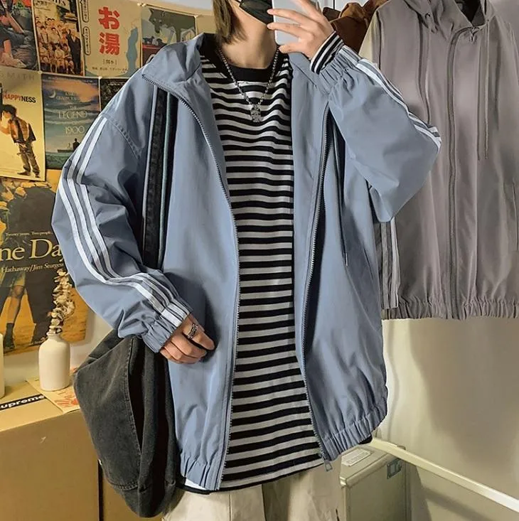 Sporty Triple Stripes Hooded Loose Windbreaker Jacket