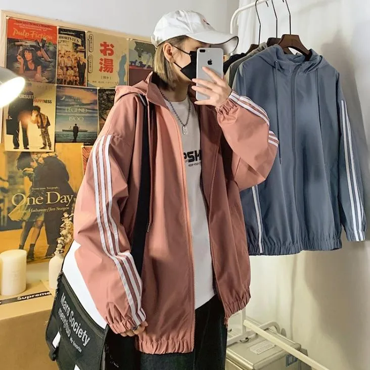 Sporty Triple Stripes Hooded Loose Windbreaker Jacket