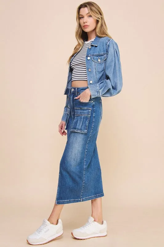 TEEK - DENIM BLUE FRONT SLIT CARGO SKIRT