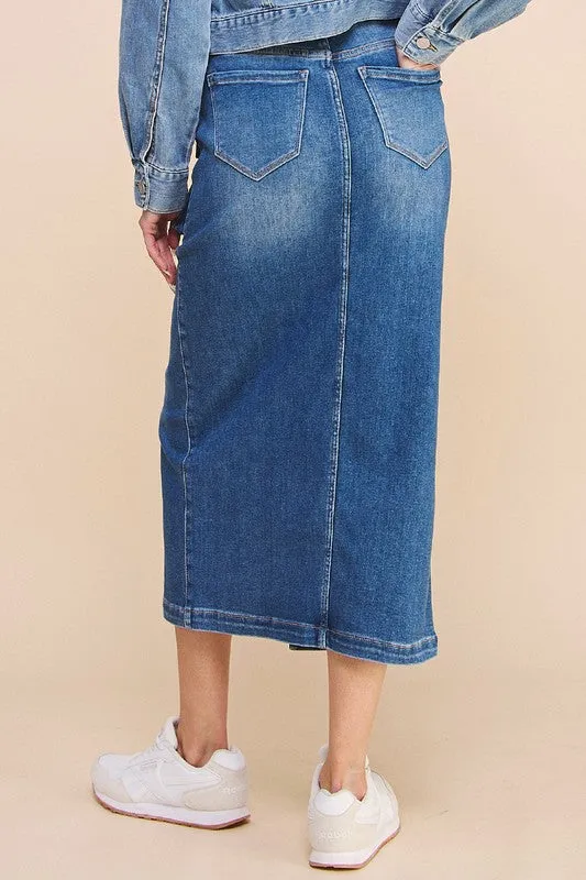 TEEK - DENIM BLUE FRONT SLIT CARGO SKIRT