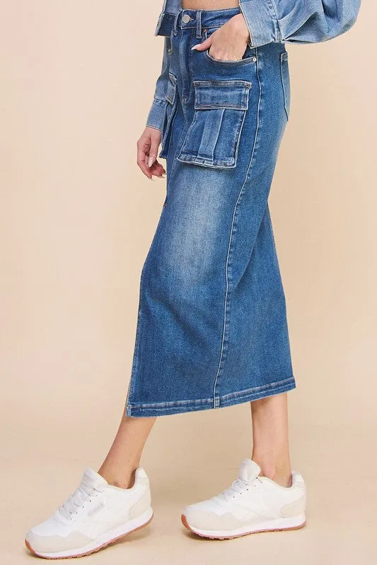 TEEK - DENIM BLUE FRONT SLIT CARGO SKIRT