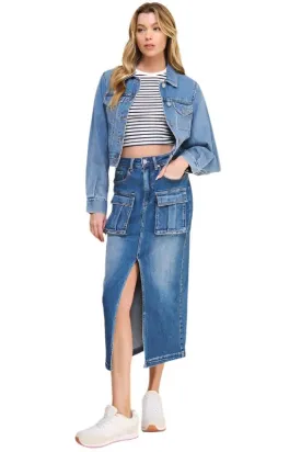 TEEK - DENIM BLUE FRONT SLIT CARGO SKIRT