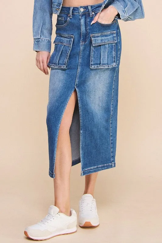 TEEK - DENIM BLUE FRONT SLIT CARGO SKIRT