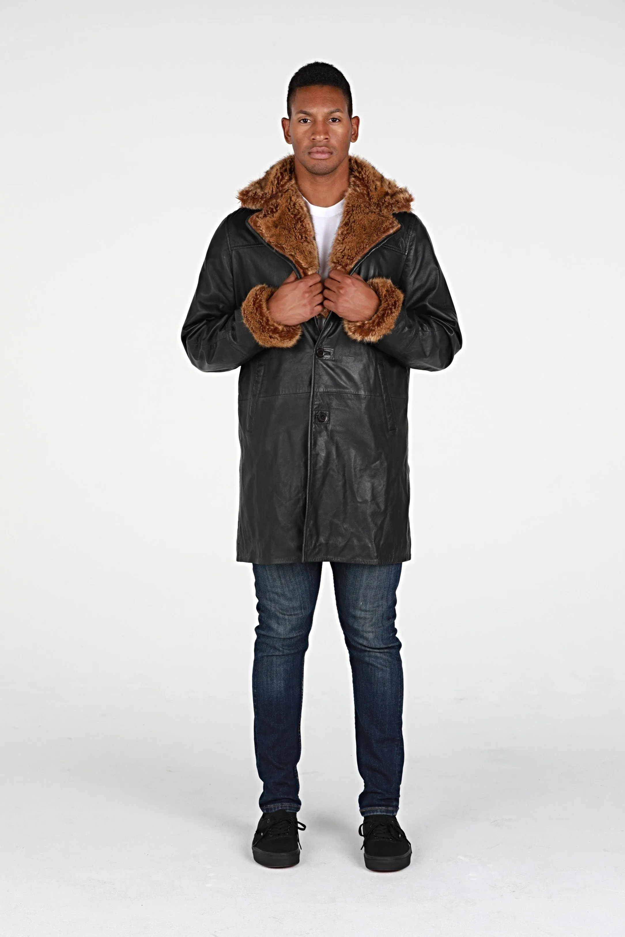 Ulman Mens Winter Leather Coat w/Faux Fur - Clearance