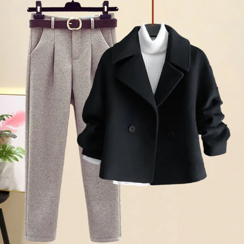 Women's Casual Woolen Coat, Sweater and Pants Three Piece Outfit Set