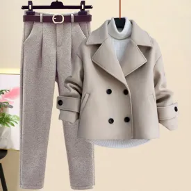 Women's Casual Woolen Coat, Sweater and Pants Three Piece Outfit Set