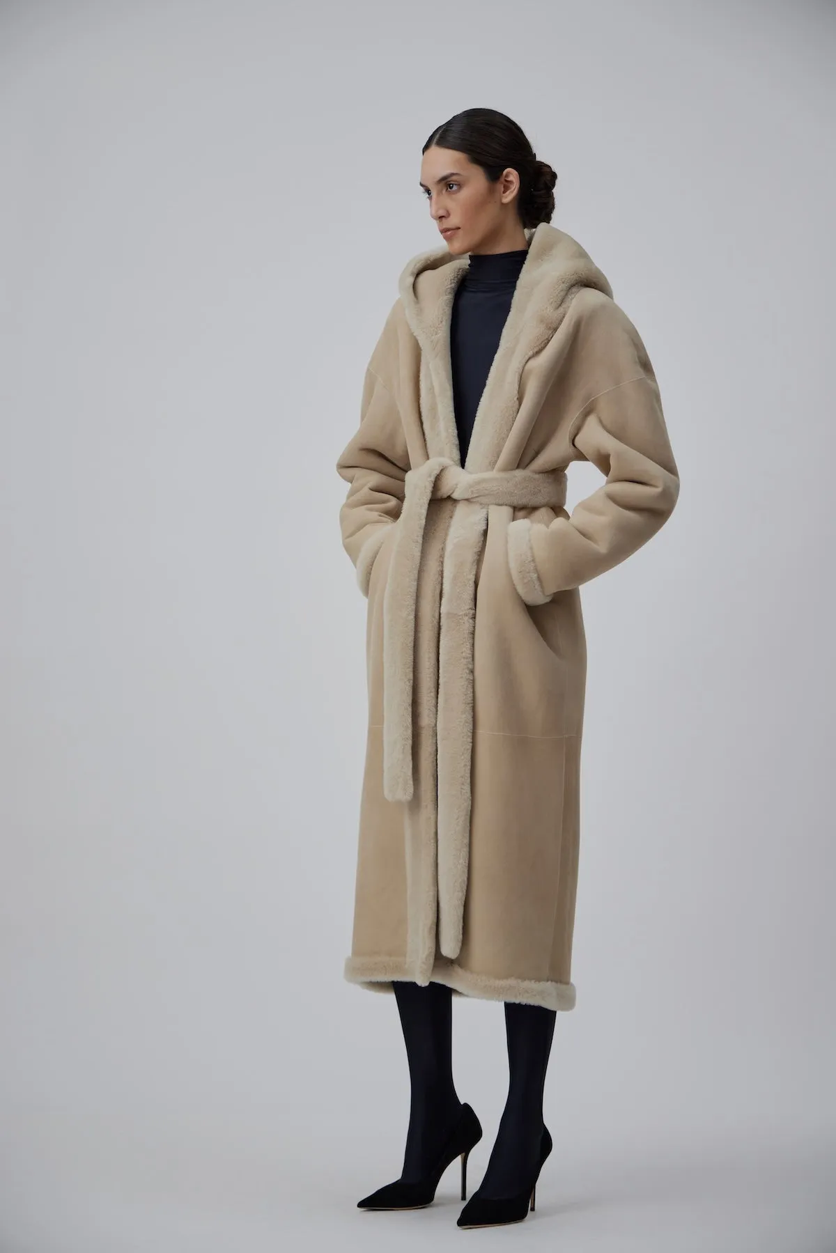 WRAP SHEARLING COAT IN MACCHIATO